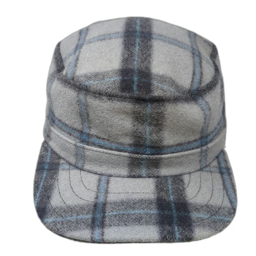 Stormy Kromer Gray Plaid Army Cap 7 1/8 Wool Made in USA Hat Blue Black Fitted